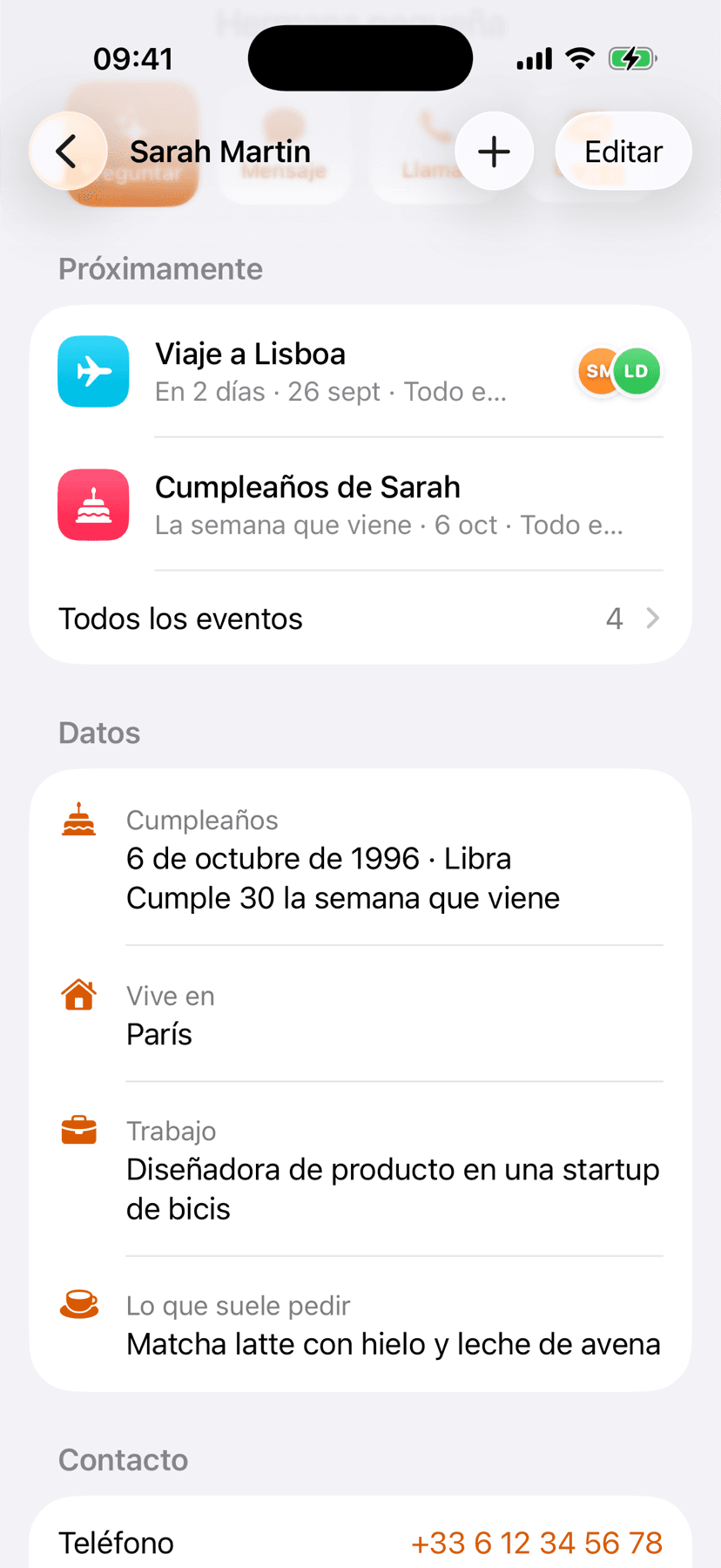 Más abajo en la página de Sarah: su cumpleaños, su trabajo, sus alergias y lo que le encanta