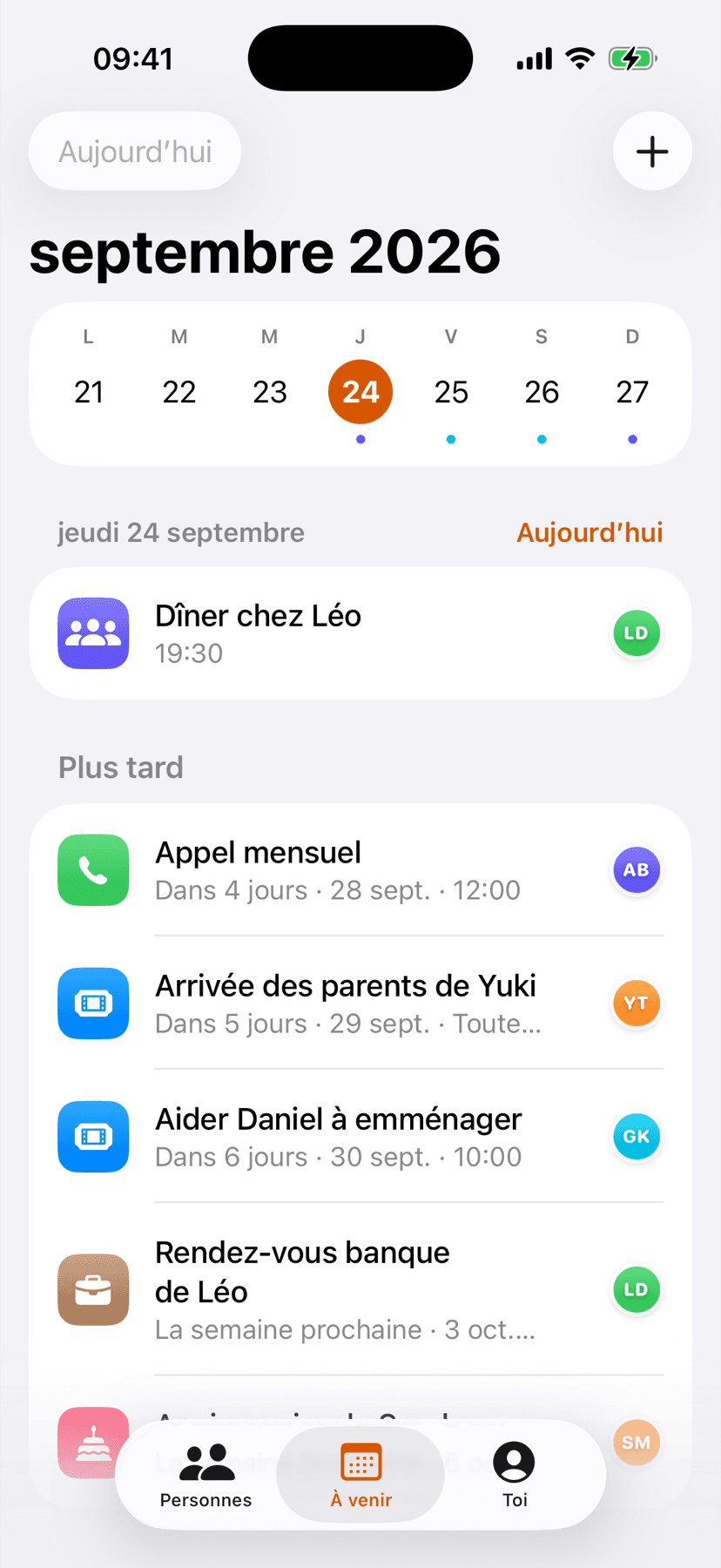 L’onglet À venir : la semaine en cours et tous les projets qui suivent