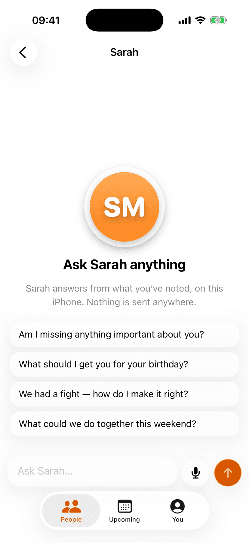 Ask Sarah: a chat with suggested questions