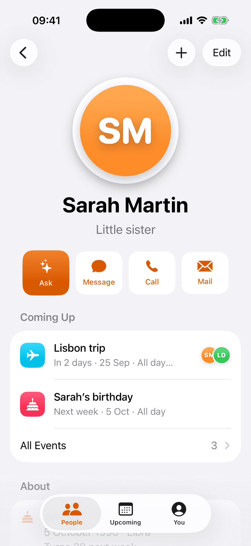 Sarah’s page: her sticker, what’s coming up and quick actions